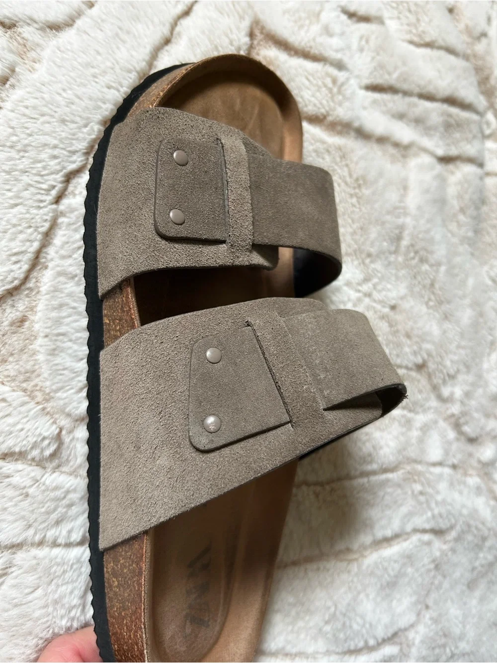 ZARA Taupe Suede Double Buckle Sandals - Picture 3 of 6